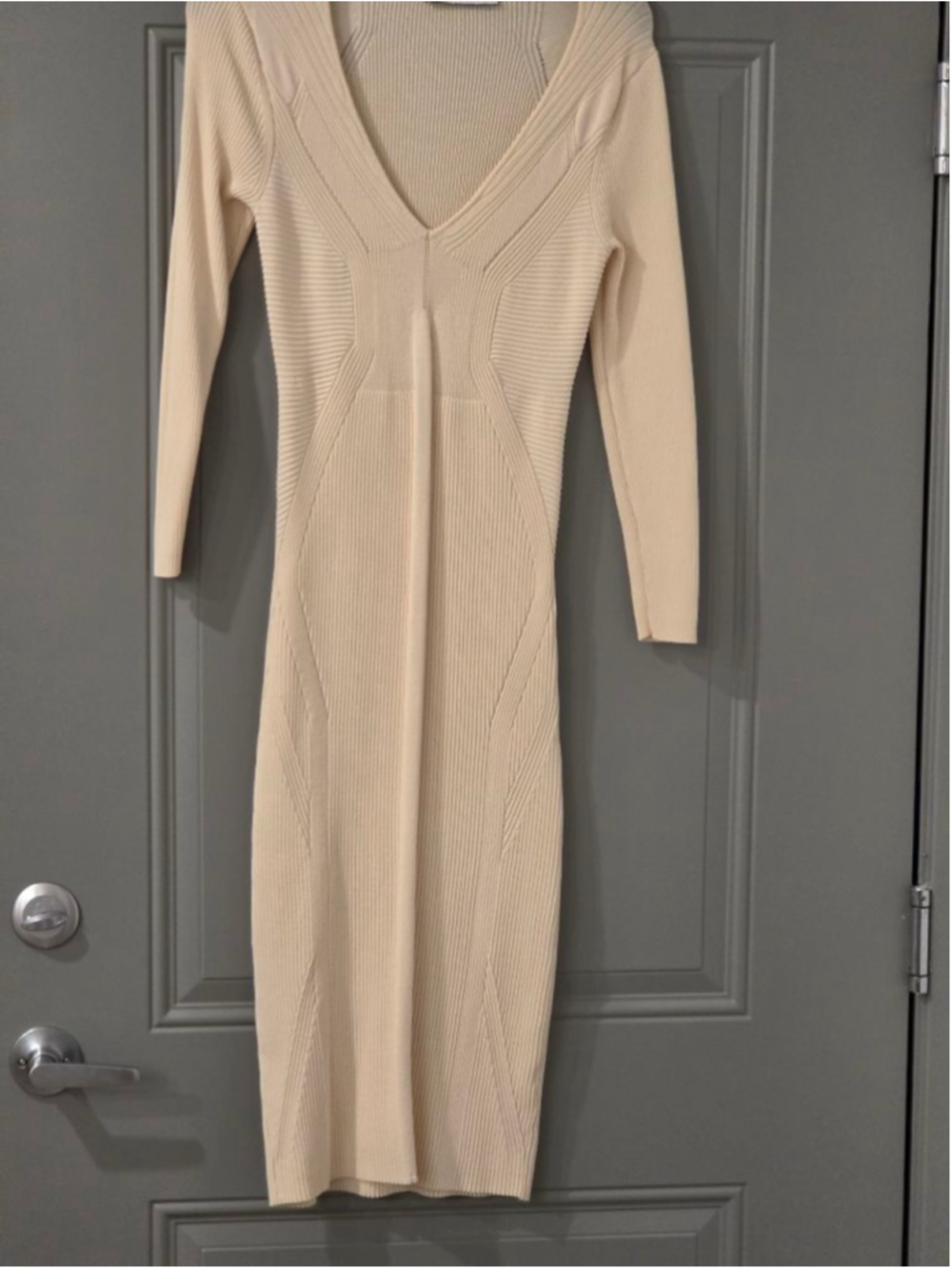 Women's ZARA Long Sleeve Ribbed Knit Midi Dress in Beige, Size L - Picture 2 of 12